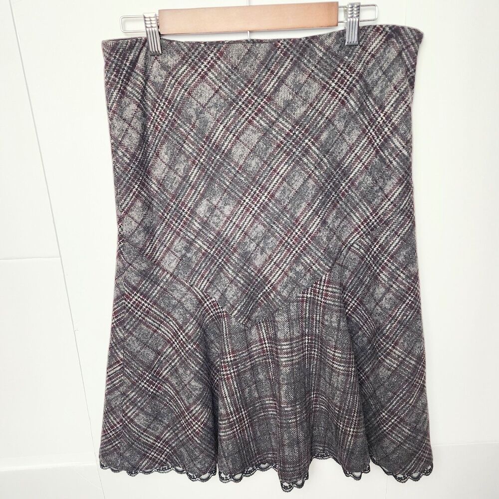 Express Wool Tweed Plaid Flare Skirt Lace Trim Midi Sz 10 Academia Y2K VTG 90s